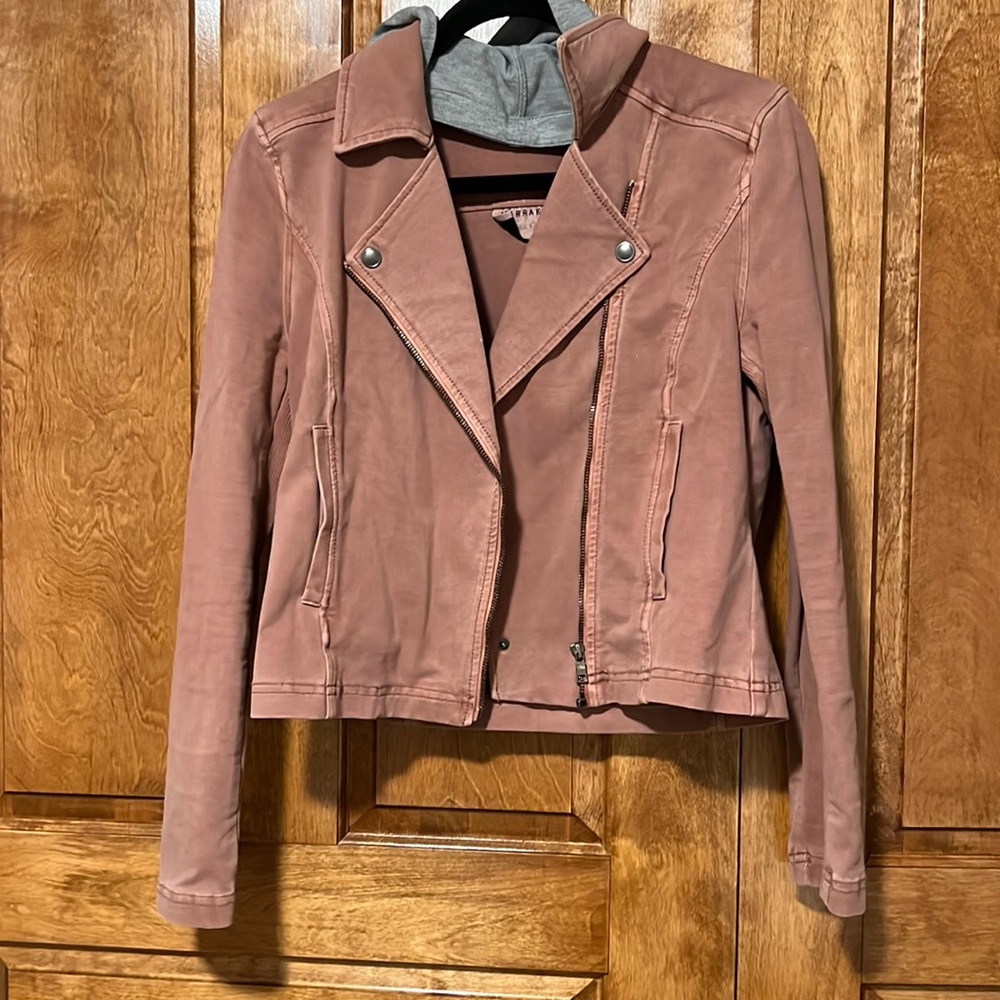 Marrakech pink moto Jacket with removable grey hood